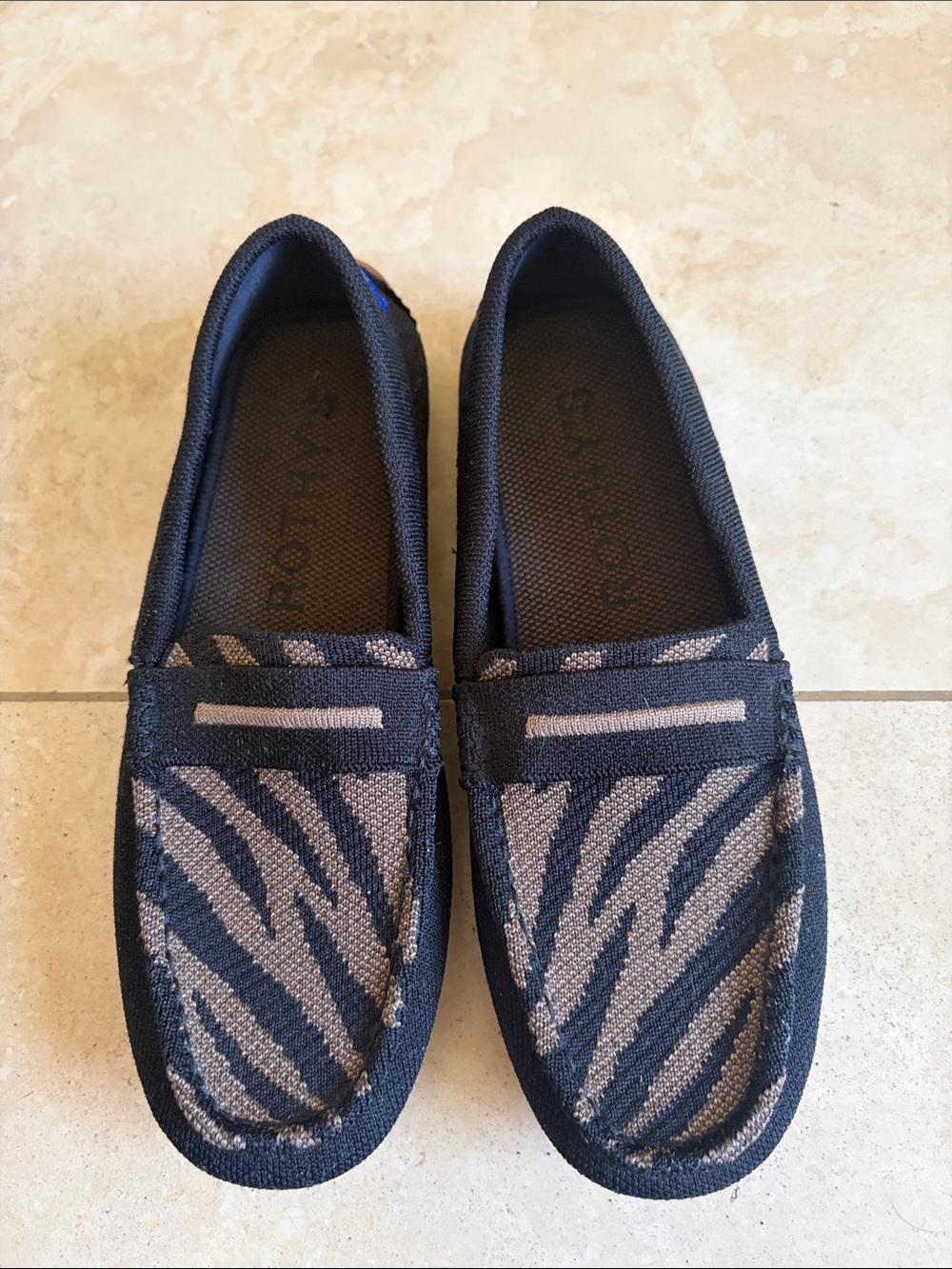Rothy's Black and Taupe Knit Zebra-Pattern Slip-Ons